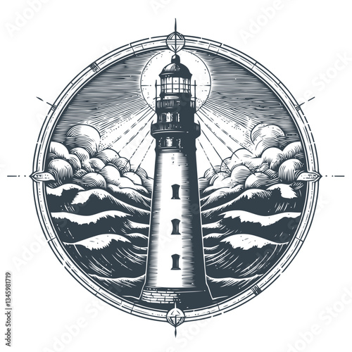Historical lighthouse against stormy backdrop with crashing ocean waves
