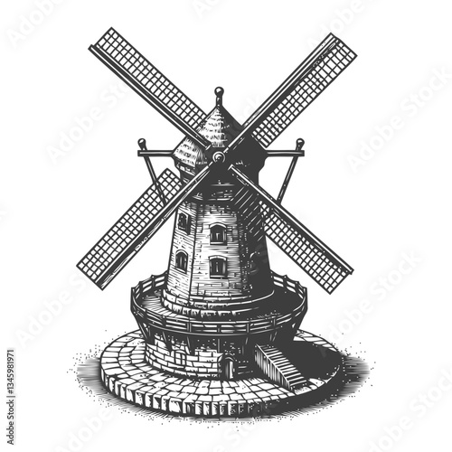 Artistic depiction of a countryside windmill with spinning blades and stone structure