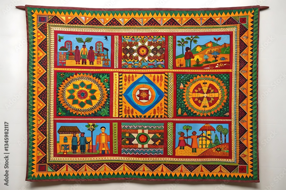 Colorful African Quilt with Village Life Scenes and Geometric Patterns Hanging on a White Wall, Handcrafted Textile Art Colorful African Quilt with Village Life Scenes and Geometric Patterns Hanging on a White Wall, Handcrafted Textile Art