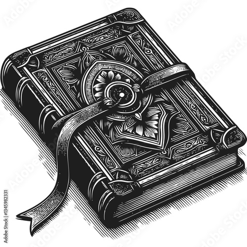 Engraved illustration of a leather-bound journal and a timeless bookmark