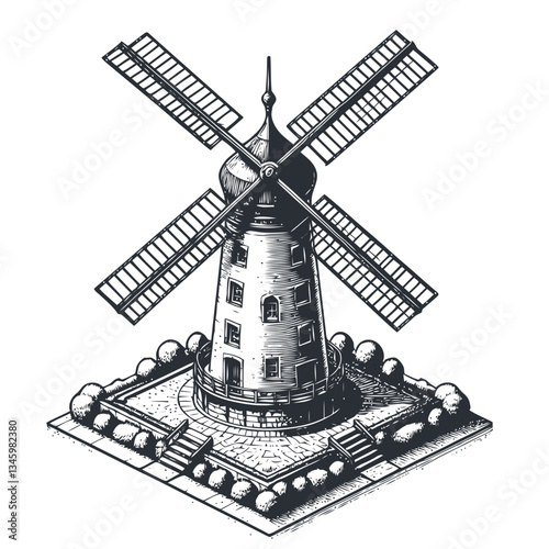 Vintage windmill engraving with stone structure and spinning blades depiction