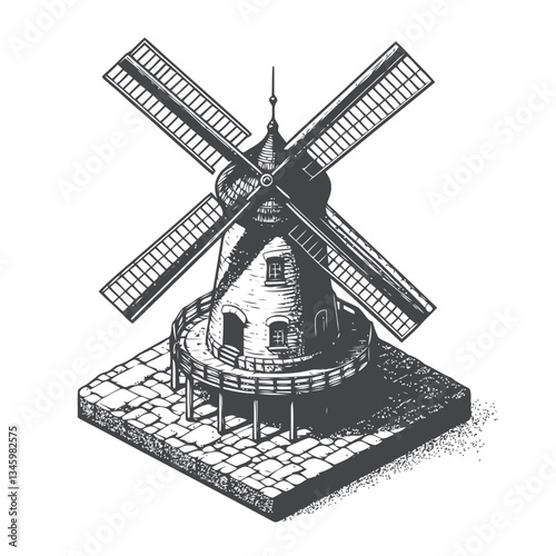 Detailed illustration of a classic windmill with rotating blades and stone base