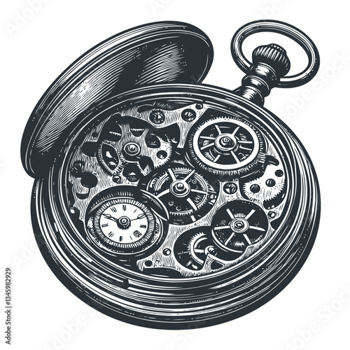 Engraved pocket watch illustration showing open cover and detailed inner gears