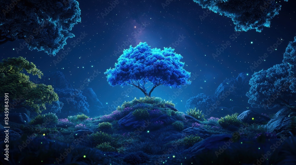 Obraz premium Enchanted Twilight Forest with Bioluminescent Plants and Starry Night Sky