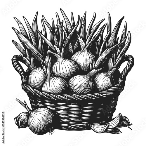 Rustic styled illustration of onions in a woven basket with peeling skins