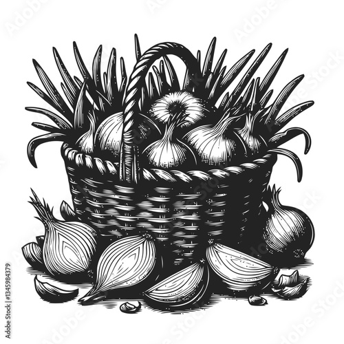 Hand drawn rustic onion basket with peeling skins illustration