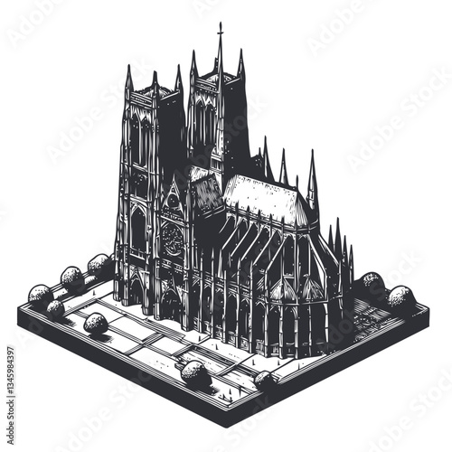 Ornate gothic cathedral engraving featuring stunning stained glass windows