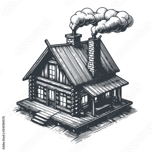 Wooden cabin with chimney smoke amidst picturesque countryside landscape