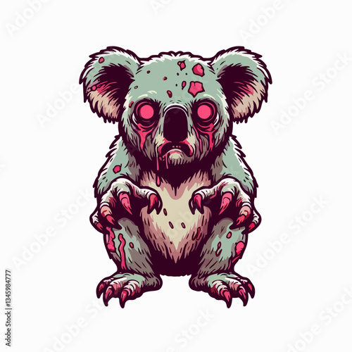 Zombie Koala: A chilling illustration of a zombie koala with menacing red eyes and bloodied claws. The artwork embodies a blend of cuteness and the macabre.