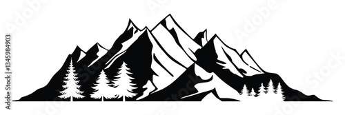 Silhouette mountain range and forest isolated on white background, vector design