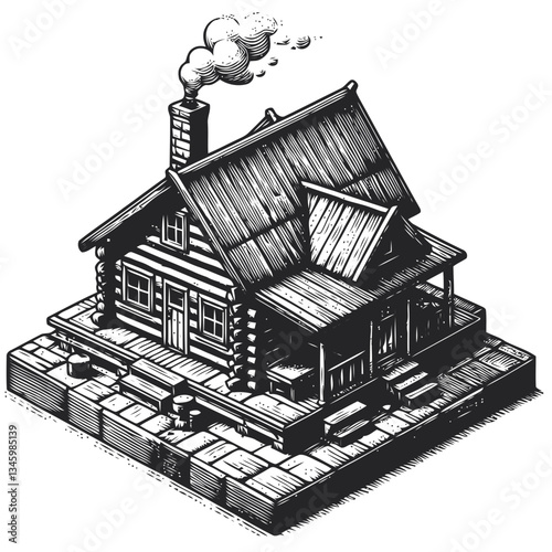 Scenic illustration of a cozy wooden cabin with chimney smoke rising