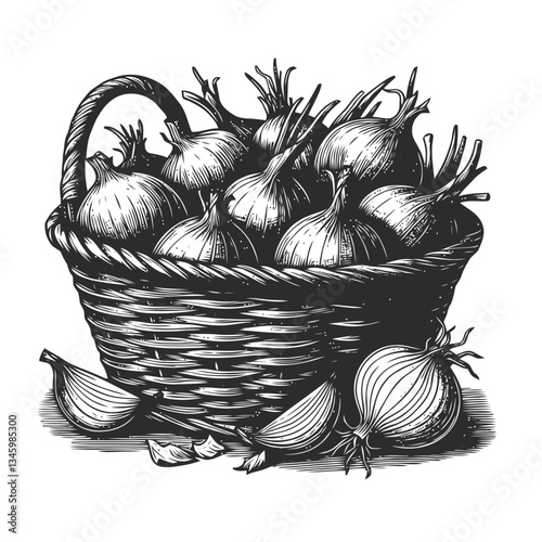 Rustic styled artwork showcasing onions in a woven basket