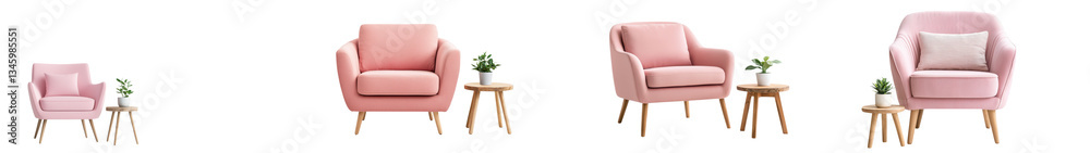 Fototapeta premium Stylish and comfortable pink armchairs arranged in a contemporary minimalist living room with wooden accent tables and potted plants for a warm inviting atmosphere