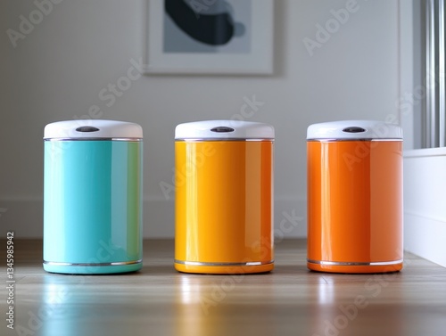 Group of colorful containers arranged on wooden floor, potential usage in decoration or storage scenarios