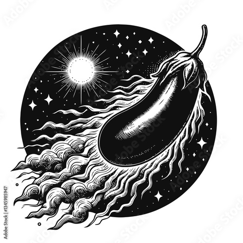 Starry sky background with a radiant hand-drawn eggplant illustration