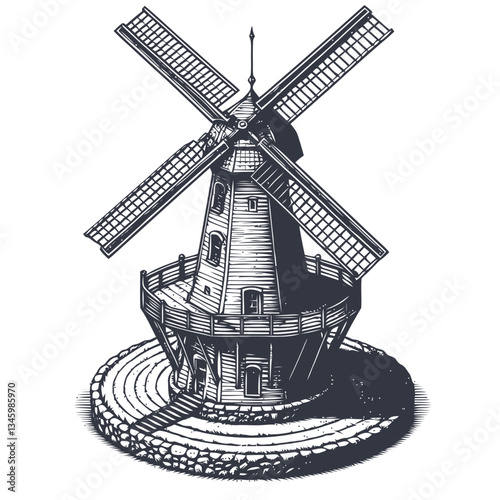 Engraving of a traditional windmill with stone structure and spinning blades