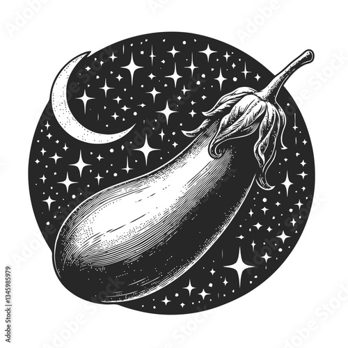 Ethereal engraving of an eggplant glowing softly in a starry sky