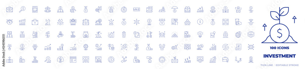 100 Investment Icons Collection. Thin line icon. Editable stroke. briefcase, crowdfunding, increase, cash, growth, money, commission, oil market, liability, balance 100 Investment Icons Collection. Thin line icon. Editable stroke. briefcase, crowdfunding, increase, cash, growth, money, commission, oil market, liability, balance