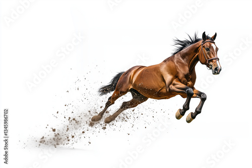 Powerful brown horse galloping across a white background, showcasing strength and grace in motion with flying dirt and a flowing mane photo