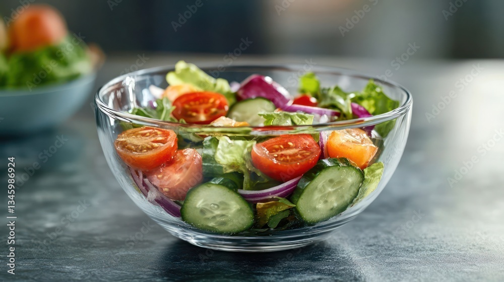 Fresh salad bowl with vibrant tomatoes and cucumbers on a kitchen countertop, with blurred background