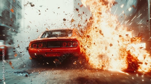 Exploding Red Sports Car in City Street Chase