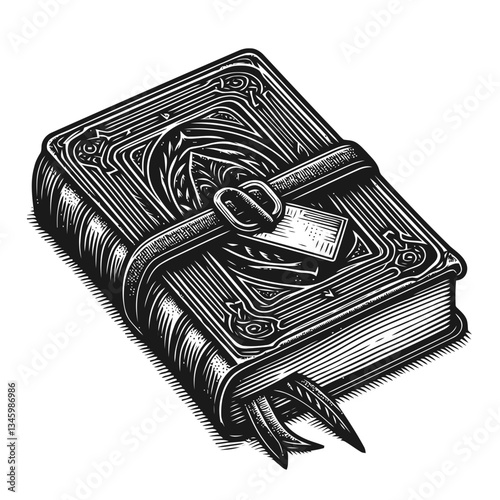 Classic hand-drawn leather-bound journal with a timeless bookmark design