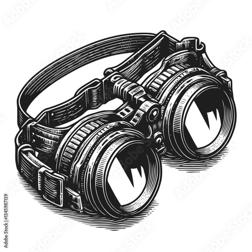 Vintage steampunk goggles illustration with intricate adjustable lenses and mechanical details