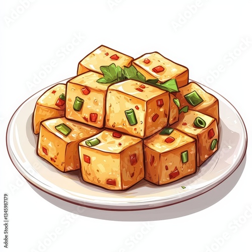 Chinese stinky tofu national cuisine dish isolated on white background, colorful cartoon illustration