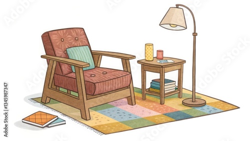 A wooden armchair, side table, and lamp arranged together, with a cartoon rug underneath.