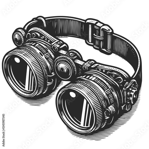 Steampunk goggles illustration with adjustable lenses and intricate metallic craftsmanship