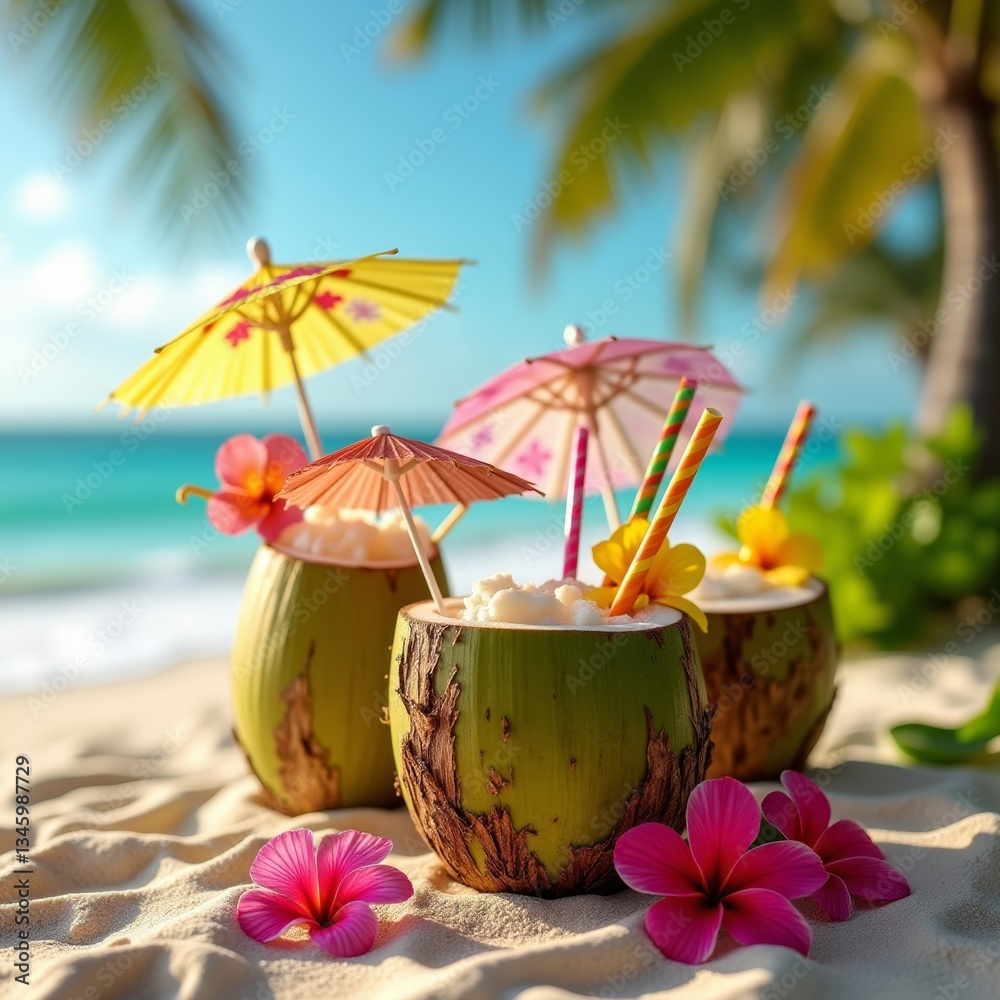 Fototapeta premium Refreshing tropical drink in a coconut shell, garnished with a colorful umbrella and served on a sunny beach