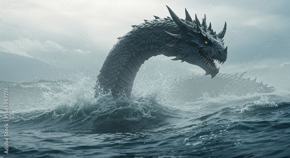 Fototapeta premium Majestic Sea Serpent Mythical Creature Emerging from the Ocean Depths