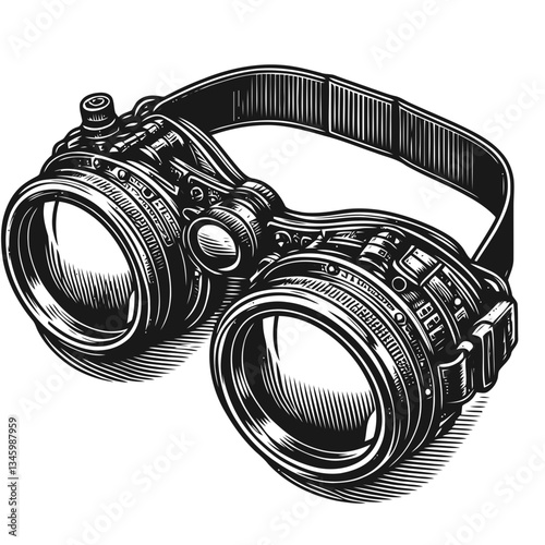 Artistic depiction of steampunk goggles featuring adjustable lenses and metallic details