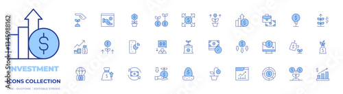 Investment icons collection. Line Duotone style, editable stroke. money drop, stock exchange, growth, nest, dollar tree, gold bars, trading, loan, cost, pie chart
