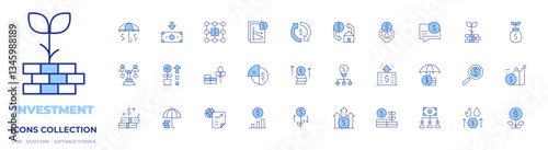 Investment icons collection. Line Duotone style, editable stroke. revenue, plant, idea, oil market, growth, burden, crowdfunding, budget, circular economy, profits