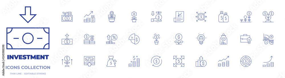 Investment icons collection. Thin Line icons, editable stroke. salary, currency, growth, money, donate, nft, money bag, investing, investment, idea, return, earnings Investment icons collection. Thin Line icons, editable stroke. salary, currency, growth, money, donate, nft, money bag, investing, investment, idea, return, earnings