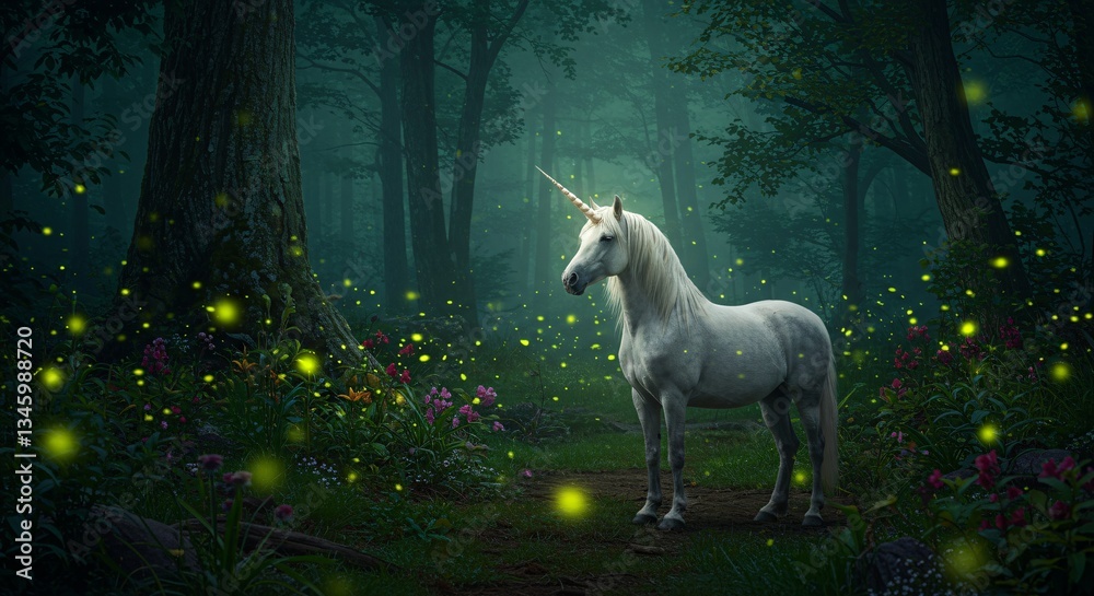 Fototapeta premium Magical Unicorn in Enchanting Firefly Forest