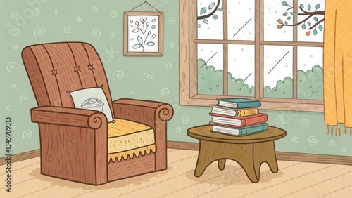 A wooden armchair with a side table and a stack of books, placed next to a cartoon window.