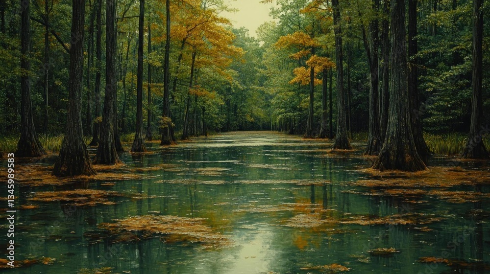 Obraz premium Serene autumn swamp trees reflecting in water