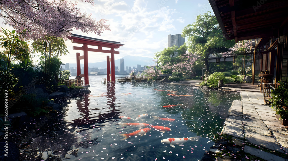 Pixel Art Japanese Garden With Cherry Blossoms And Koi Fish Pixel Art Japanese Garden With Cherry Blossoms And Koi Fish