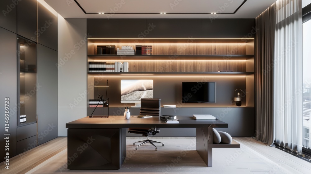 Obraz premium Modern Home Office Interior with Dark Wood and Gray Accents