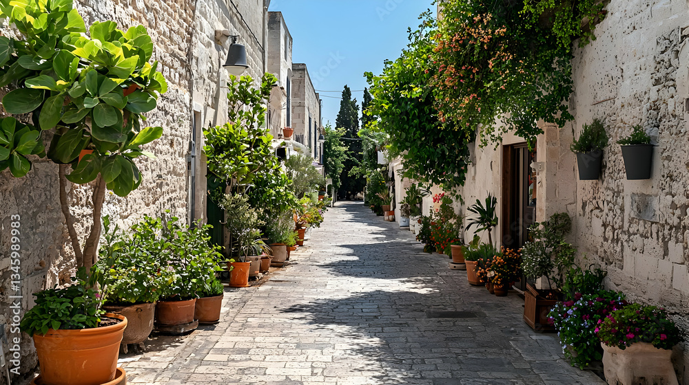 Fototapeta premium Narrow Cobblestone Street Lined With Potted Plants Under Bright Blue Sky In Italian Town