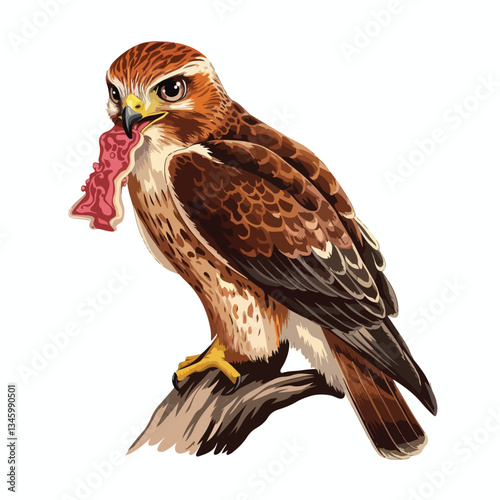 A brown, red-tailed hawk, a wild bird of prey and raptor, like an eagle or falcon, perches on a branch, its sharp eye a hunter's gaze