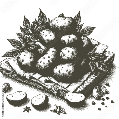 Rustic engraved artwork of potatoes with vintage linen texture