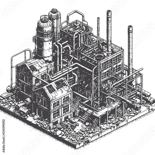 Artistic engraving of an old factory with broken windows and pipes