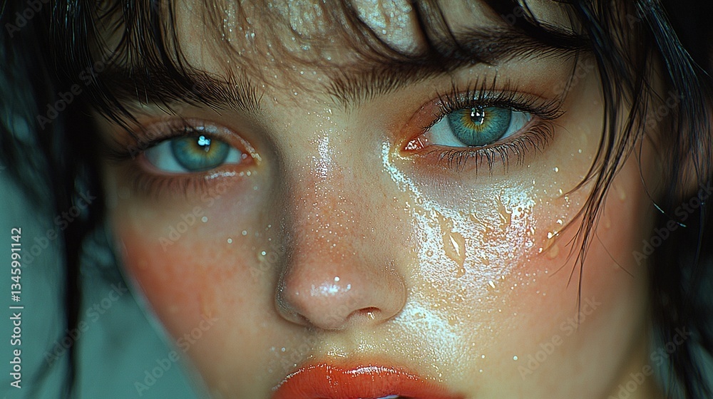 Fototapeta premium Close-up portrait of a woman with wet skin, glistening eyes, and rosy cheeks