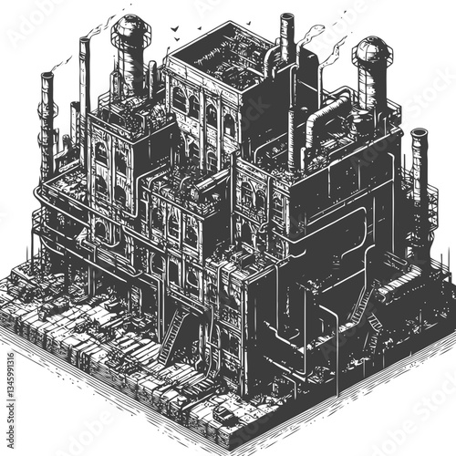 Illustration showing decaying industrial factory with rusted pipes and windows