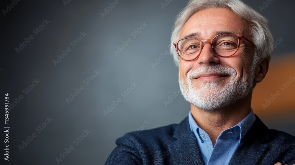 Man with glasses is smiling and looking at the camera Man with glasses is smiling and looking at the camera