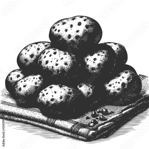 Hand drawn engraved potatoes stacked on vintage fabric cloth