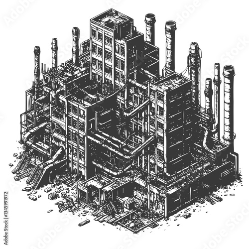 Hand-drawn industrial factory ruins with rusting pipes and broken windows